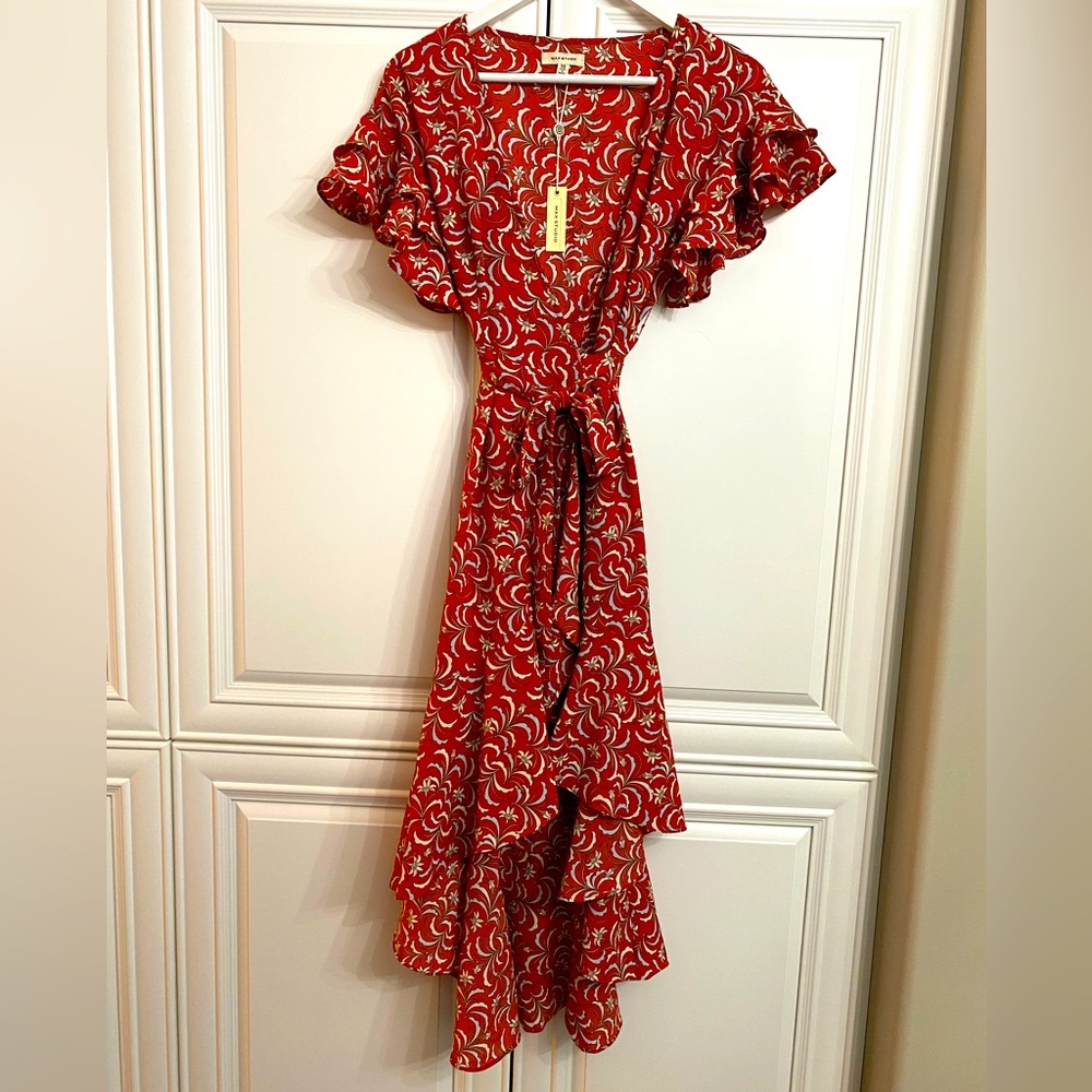 NWT Max Studio XS Short Sleeve Red Blue Floral Pattern Wrap Hi-Lo Midi Dress